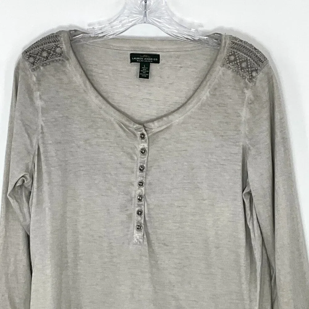 LRL Ralph Lauren Top Women L 100% Cotton Gray Washed Henley Embroidered Pullover